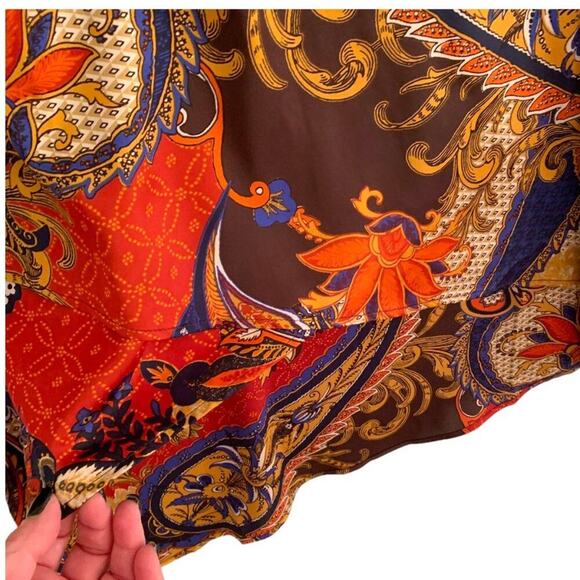 Chico's Women's Top Sz S Paisley Peasant  Lace Up Asymmetrical  Orange Brown - Picture 7 of 12